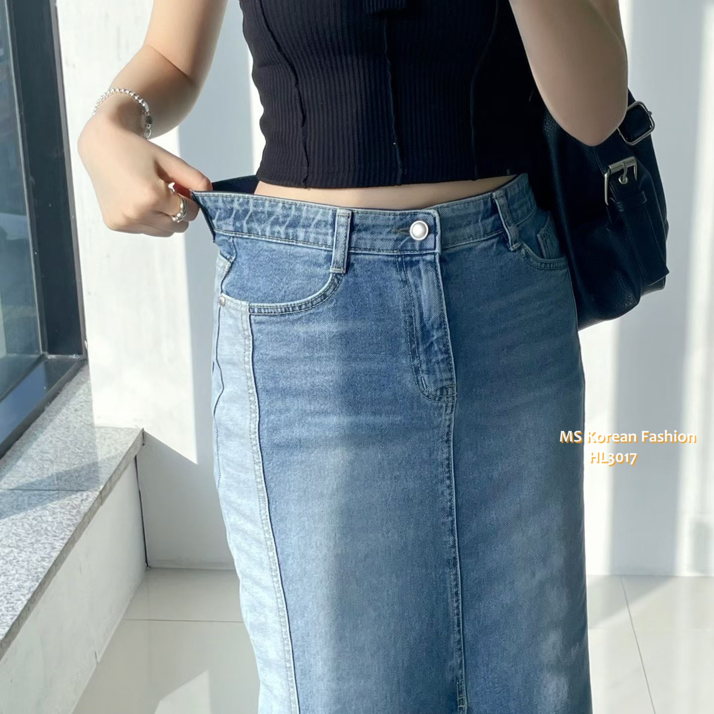 HL3017 韓國🌼Howluk前開叉拼色中長牛裙