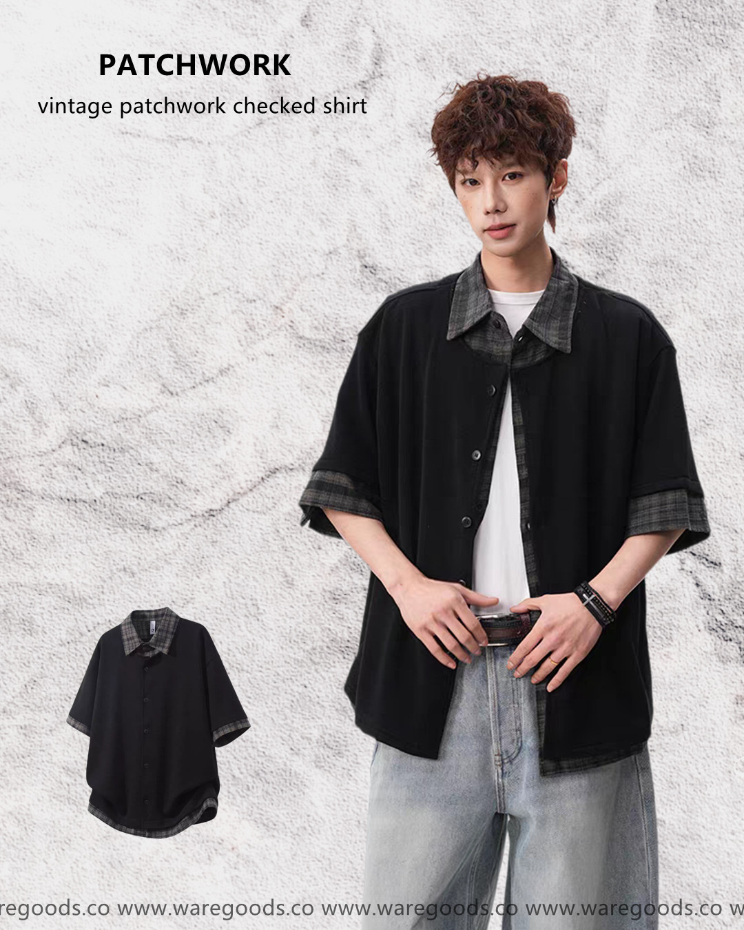 W2712格仔拼接假兩件短袖襯衫