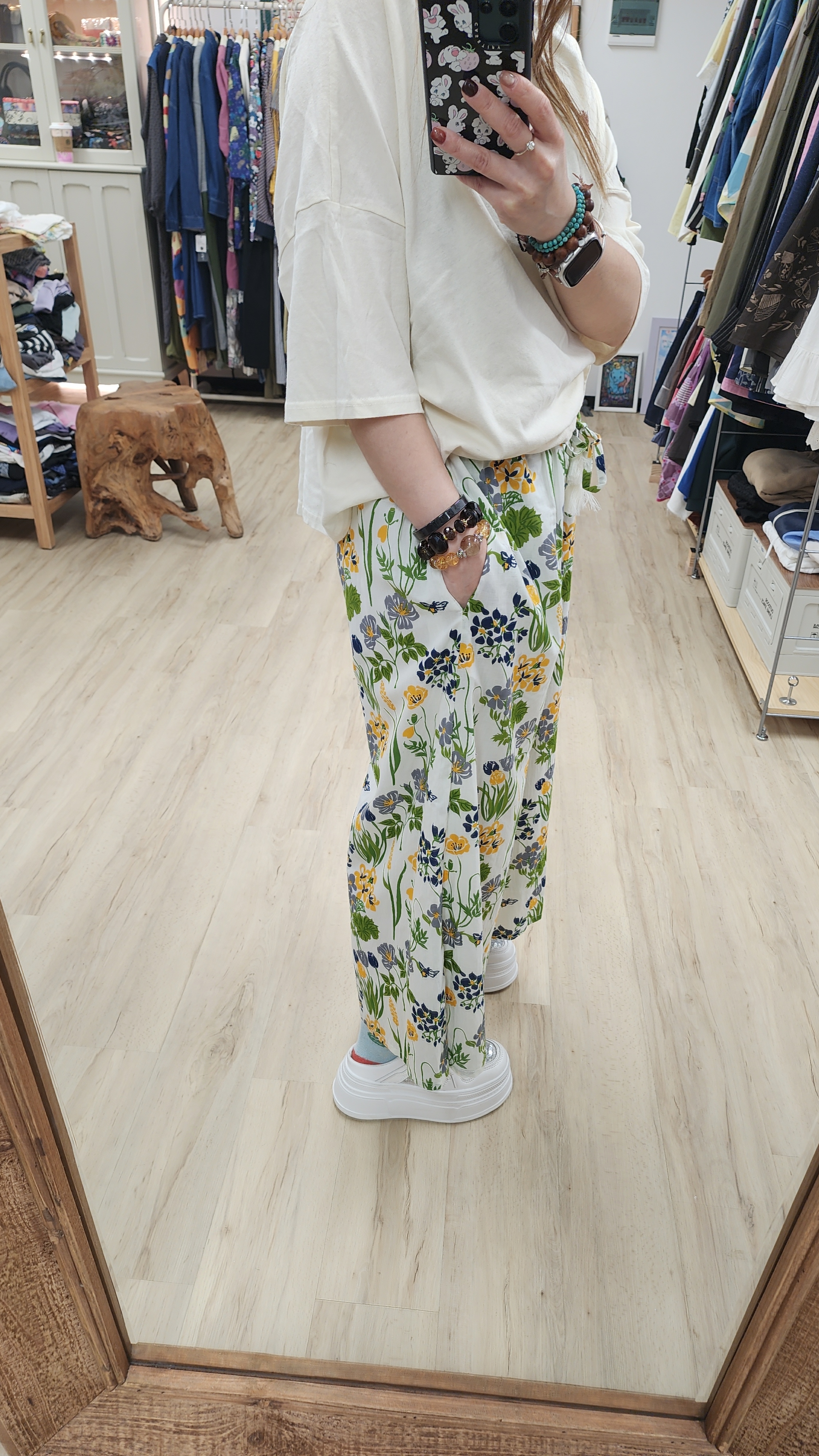 日牌粉綠花花圖案棉麻橡筋褲