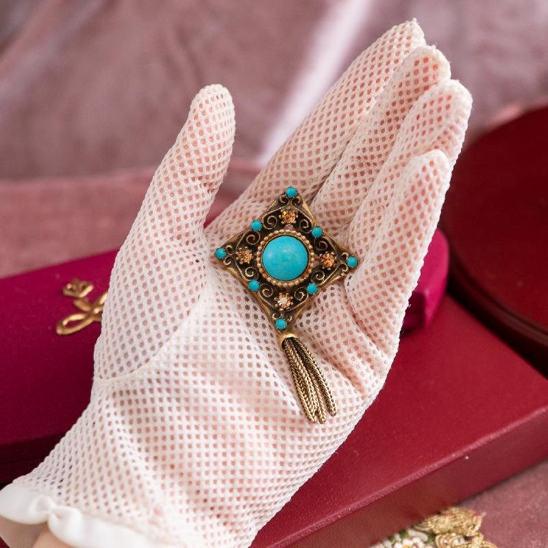C.a. 1950-60s Victorian Revival Turquoise Paste Cabochon Tassel Brooch(EA1863)