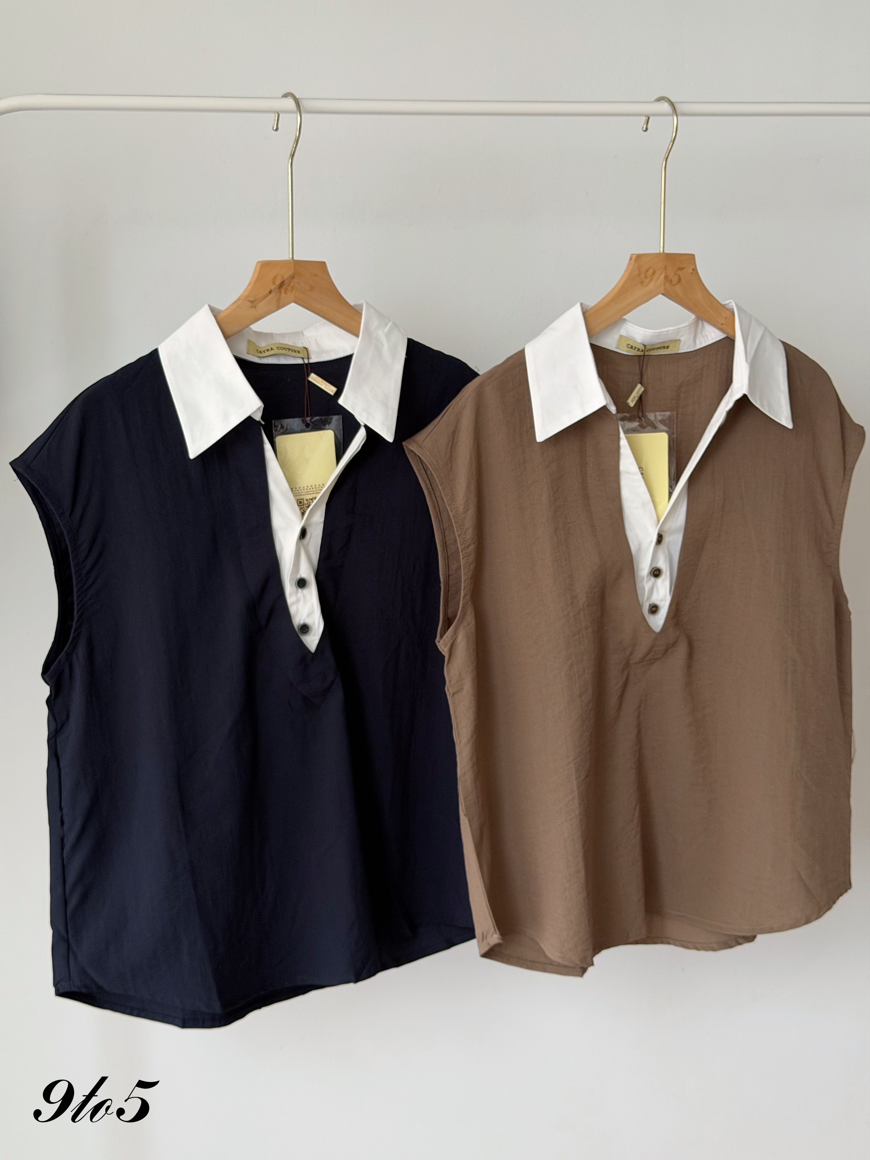 D2381 Fake Two-Pieces Matching Set - Brown & Navy