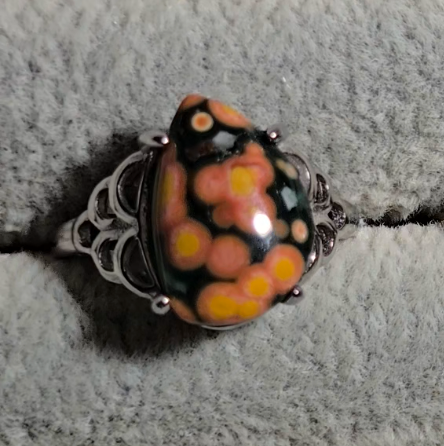Old stock ocean jasper ring with pink-ringed yellow orbs (A) - JW33
