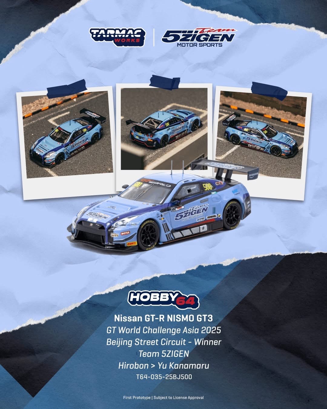 (預訂 Pre Order) Tarmac Works ( T64-035-25BJ500 ) Nissan GT-R NISMO GT3 GT World Challenge Asia 2025 Beijing Street Circuit - Winner TEAM 5ZIGEN Hirobon / Yu Kanamaru White