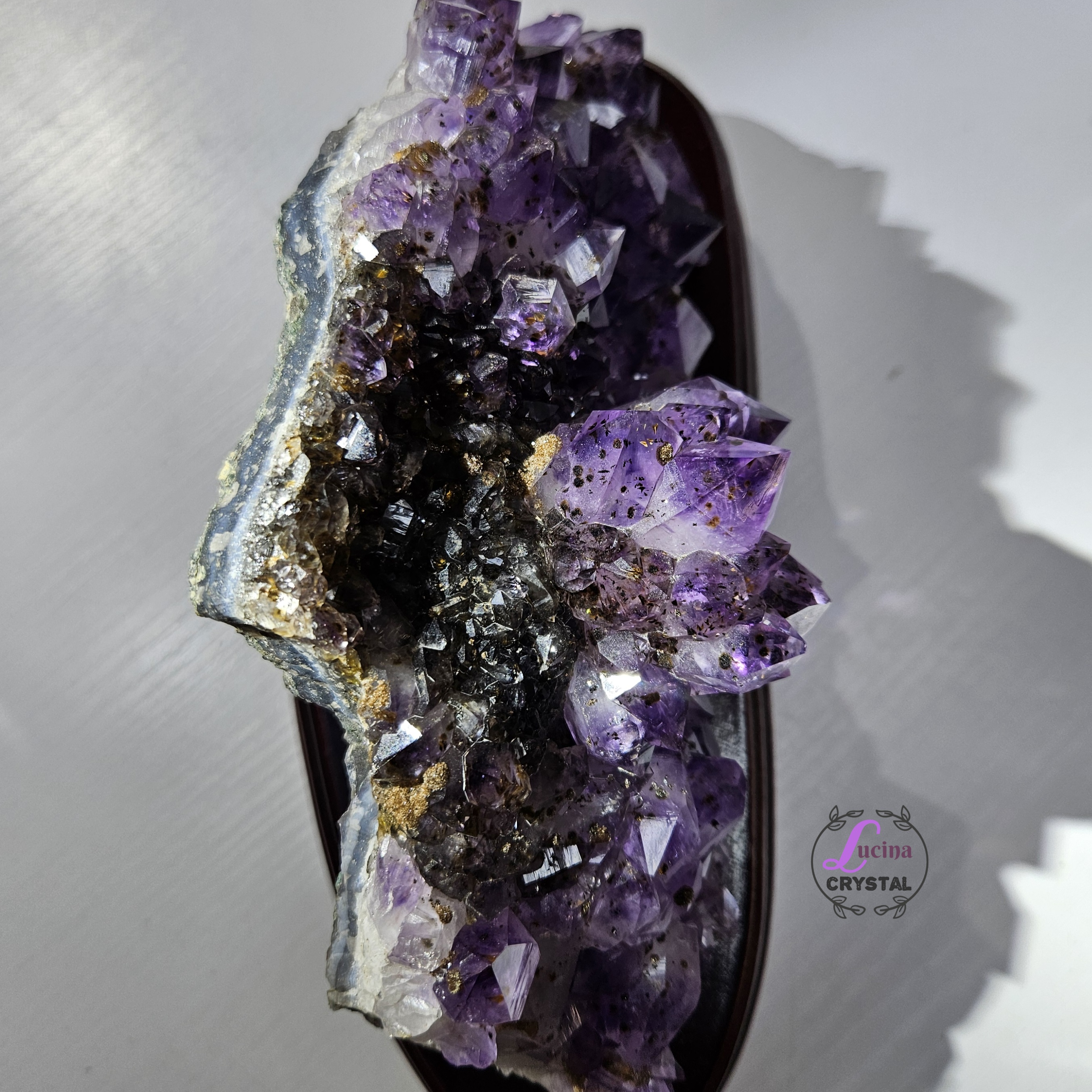 (Co#LC8556)紫鈦骨幹花水晶簇連木座/Elestial Amethyst Rutilated Flower Quartz Cluster w/wooden stand 
