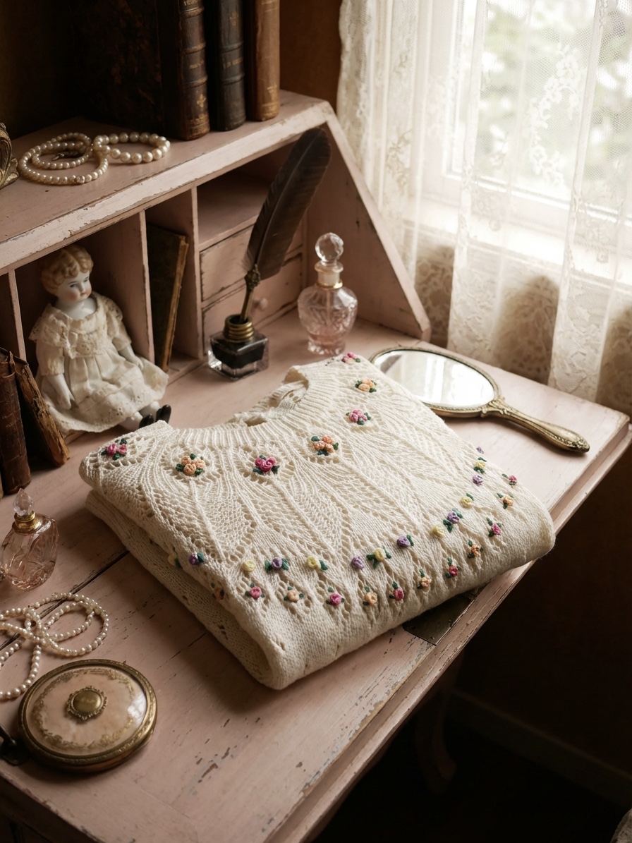 Stumpwork維多利亞手工立體刺繡小花仙子圓領針織