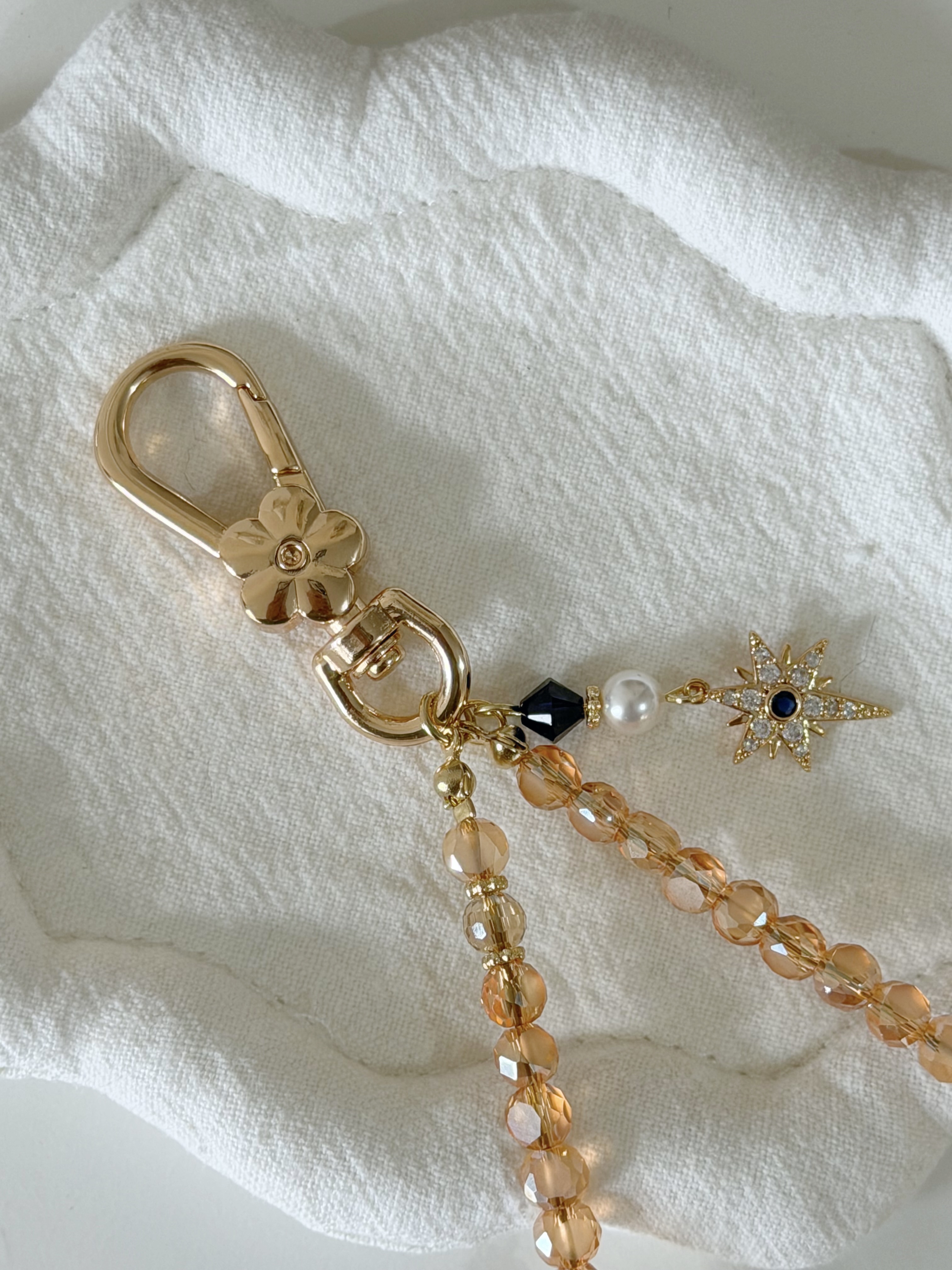 復古彩珠電話繩/ 藍寶石星星x蜜桃茶色