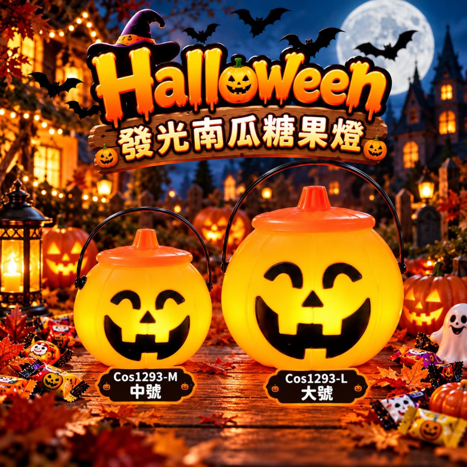 萬聖節發光南瓜糖果桶｜小朋友 Trick or Treat 討糖派糖手提南瓜燈｜M/L COS1293