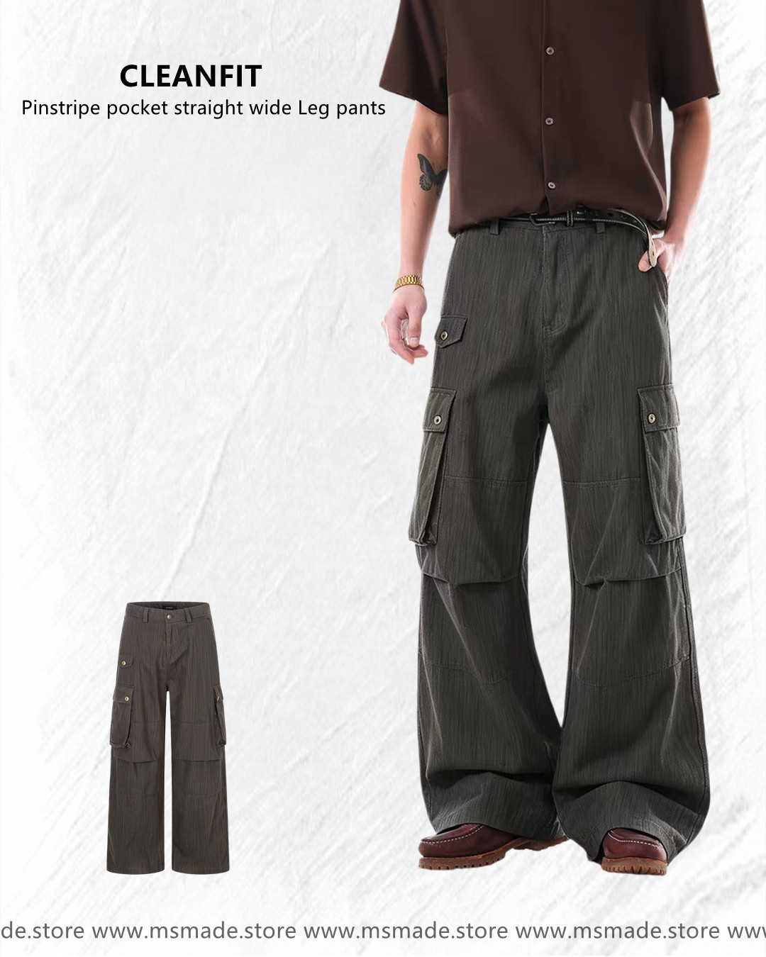 M6986直紋口袋直筒闊腿褲