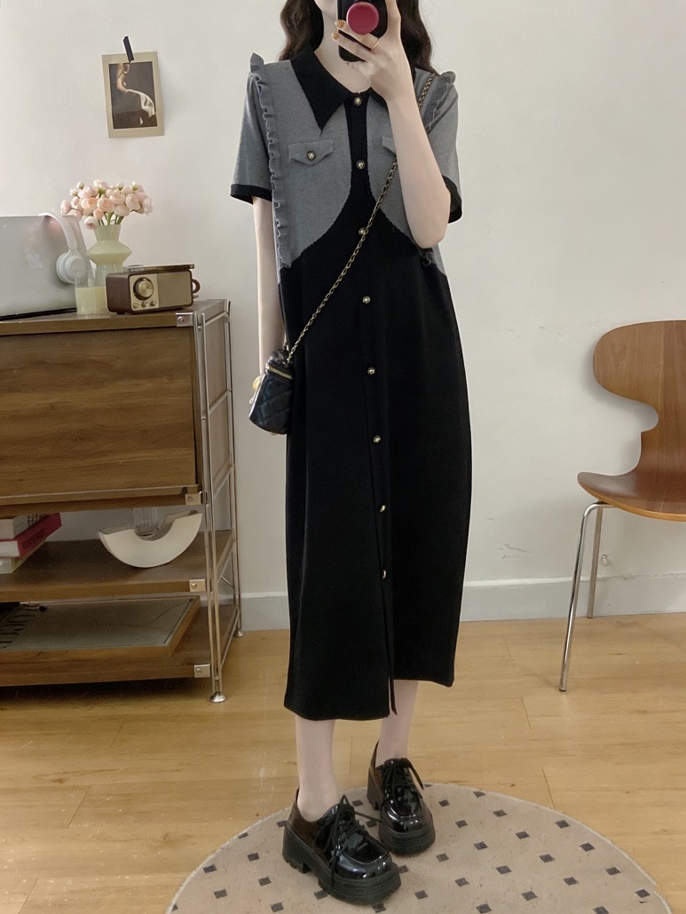 B185(6709) 韩系气质假两件拼接撞色灰外套型黑针织连身裙