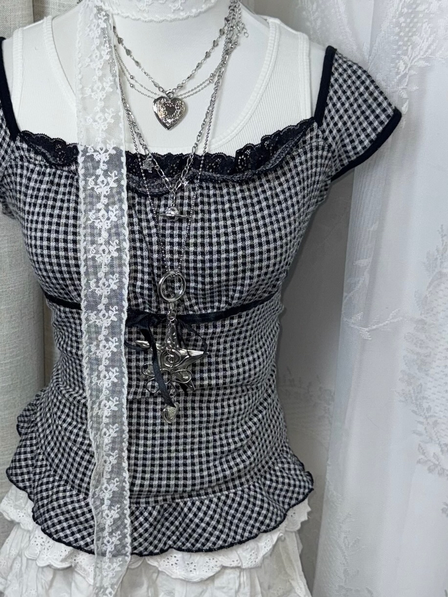 Monochrome Gingham Lace Layered 2top