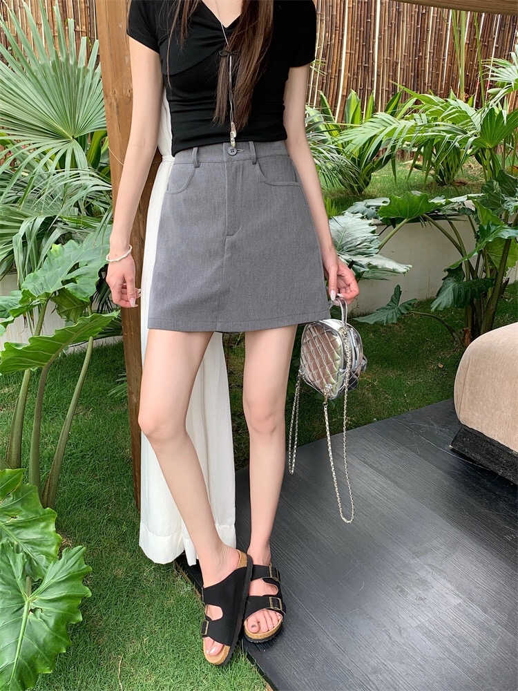 B273(5536) 韩版时尚简约单钮黑灰前裙后裤