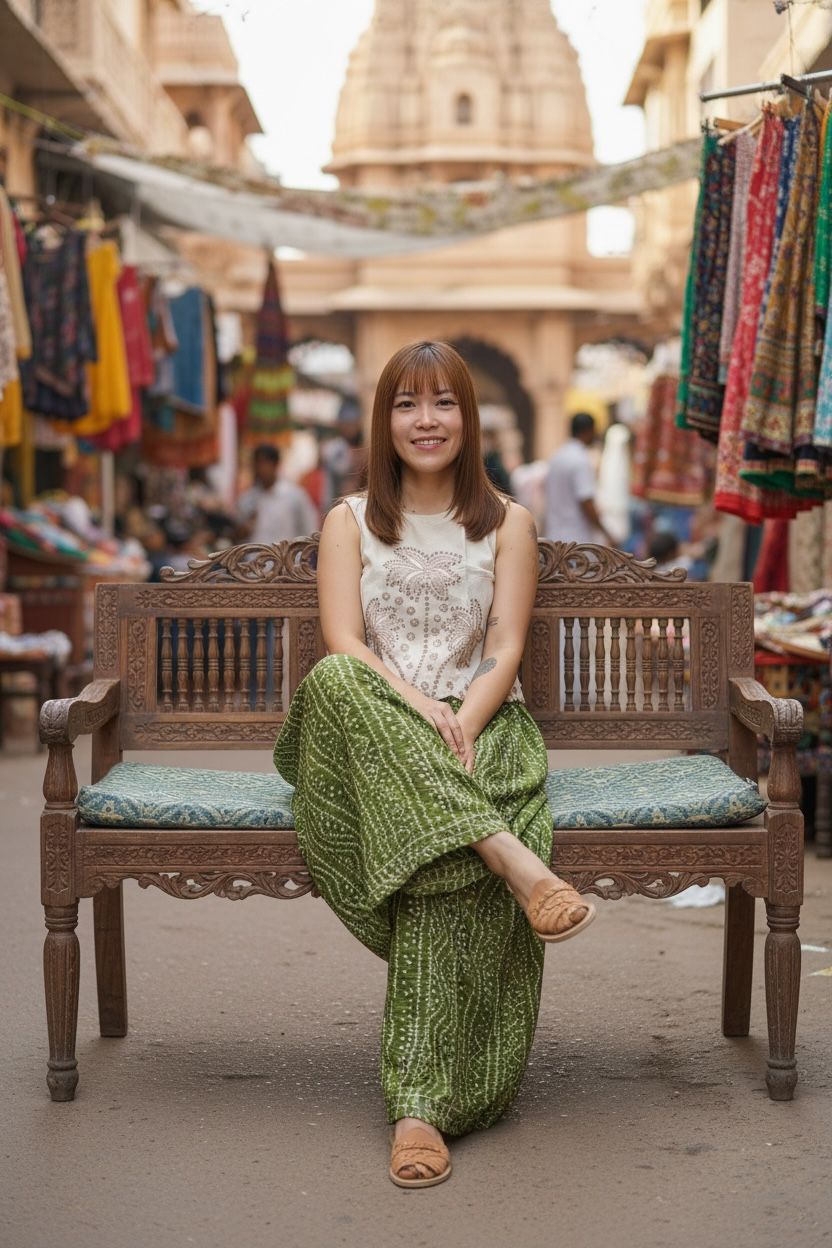 1677 Mix Green Striaght Wavey Wide Legs Pants 37"