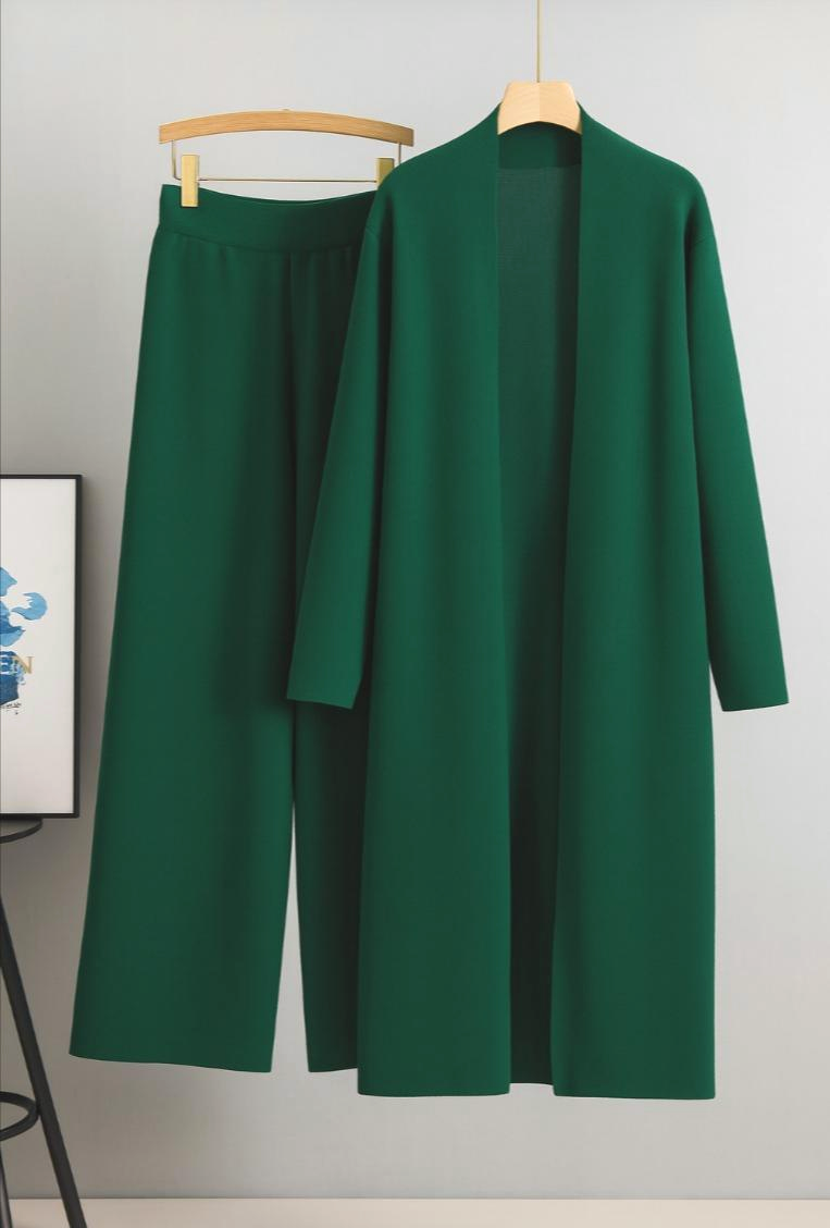 Long Knitted Open Front Cardigan and Sleek Pants