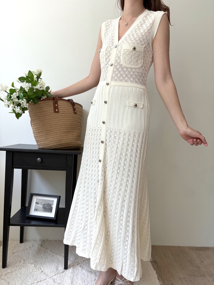 Buttoned Crochet Knit Dress (Ivory)