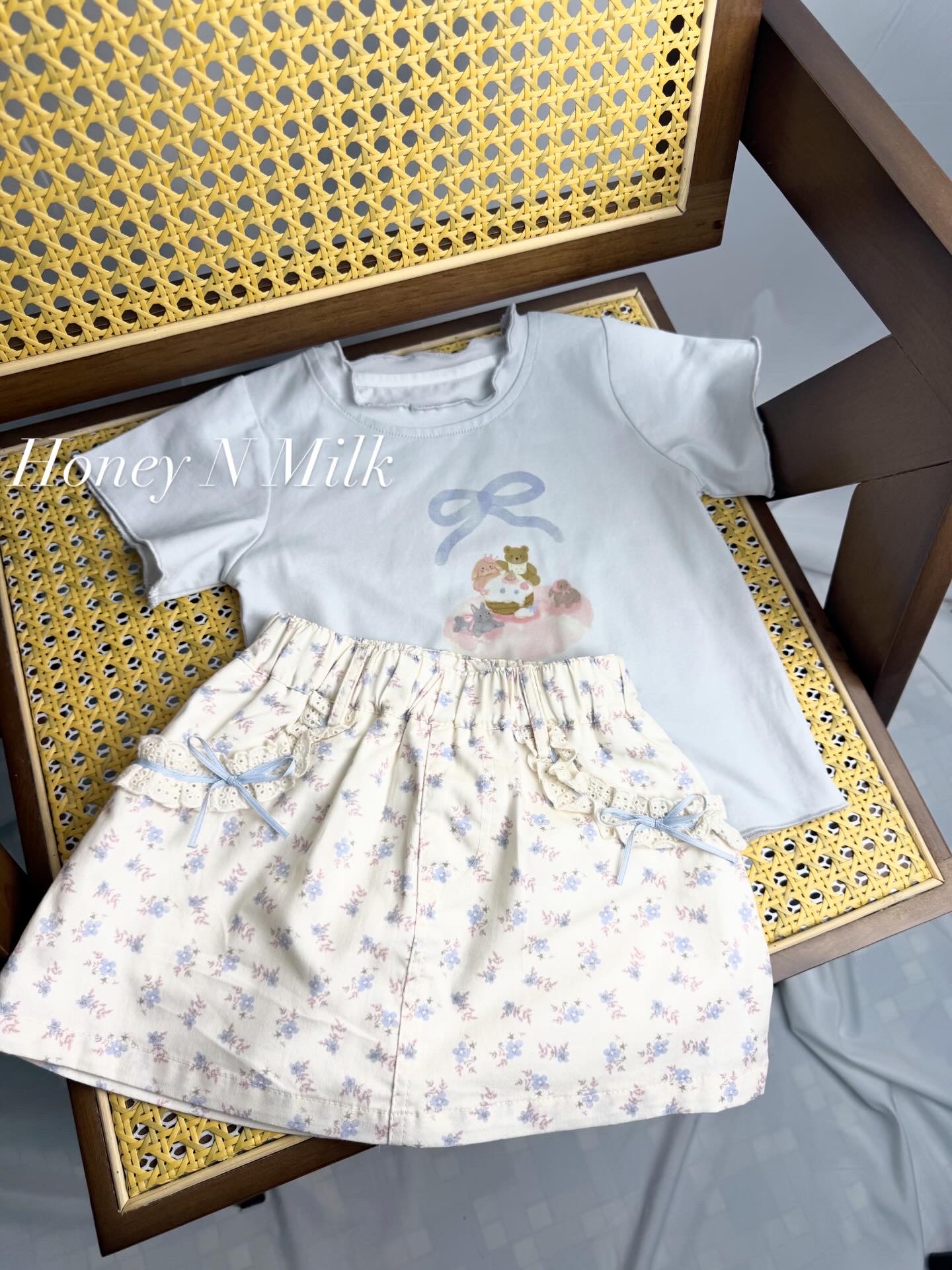 Ribbon Bear Blue w/ Floral Skort Set