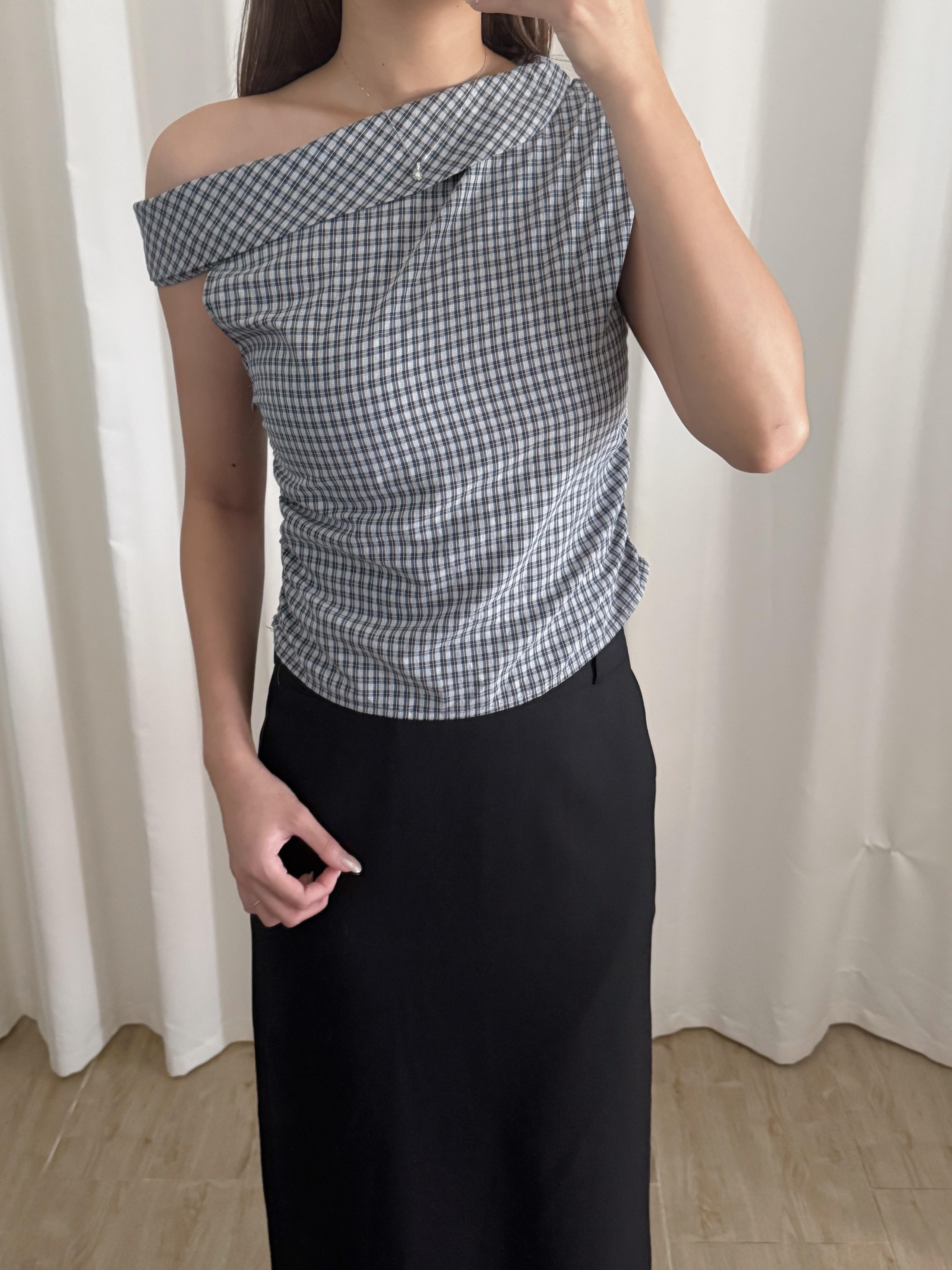 格子斜肩短袖上衣(兩色入)