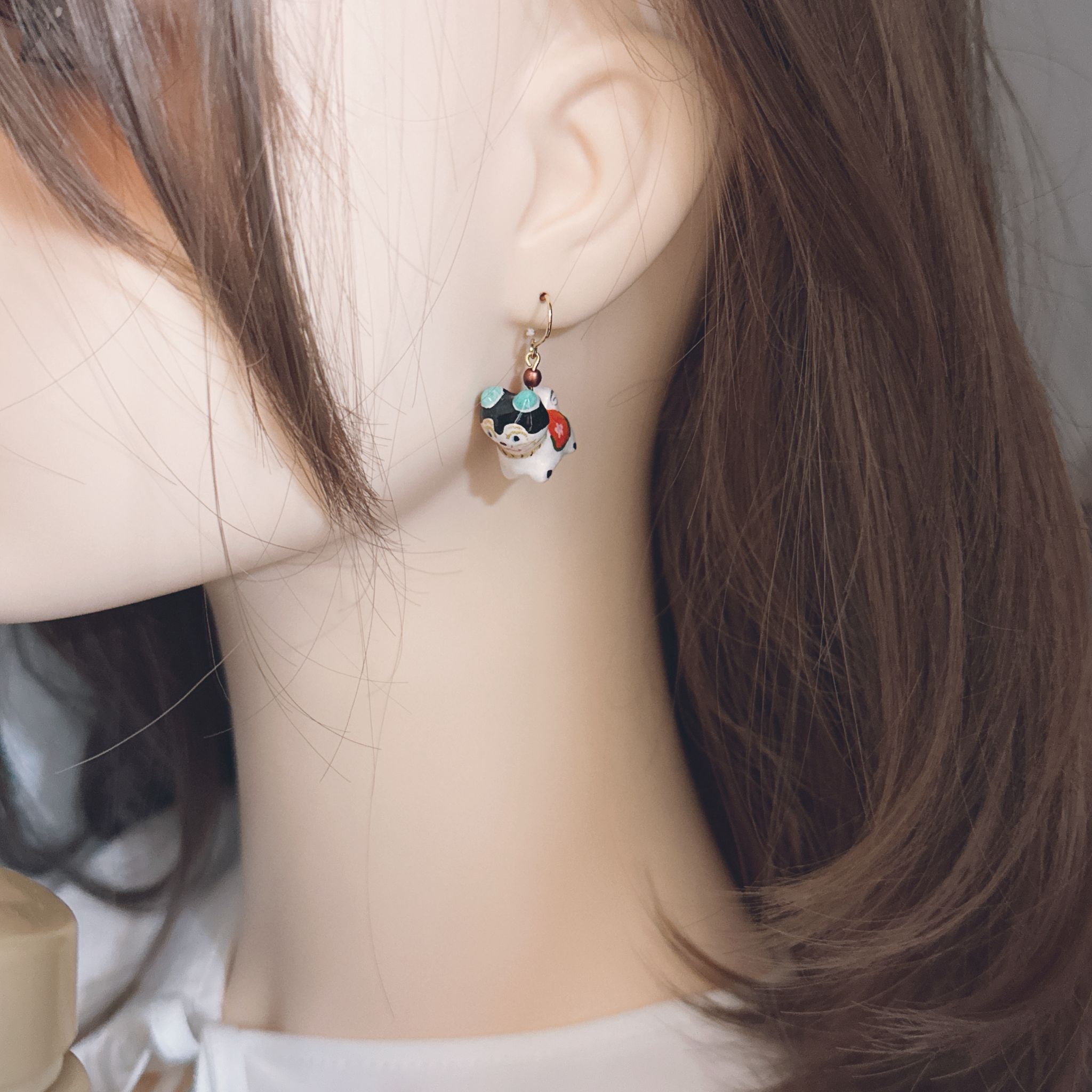 手繪 立體犬張子 緣起物 耳環