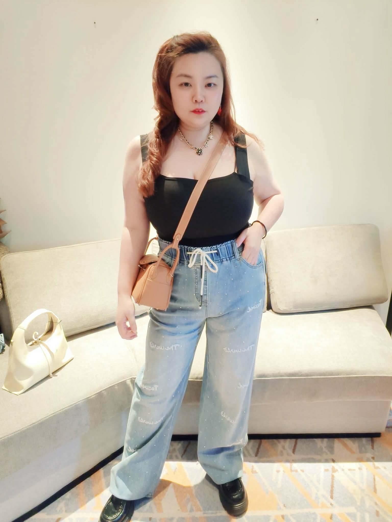 YPA06 C1071 松紧腰字母烫钻直筒牛仔长裤