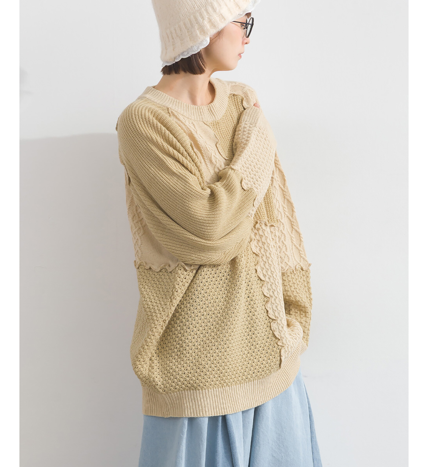 LP - 木耳邊拼貼冷織毛衣 (杏色)