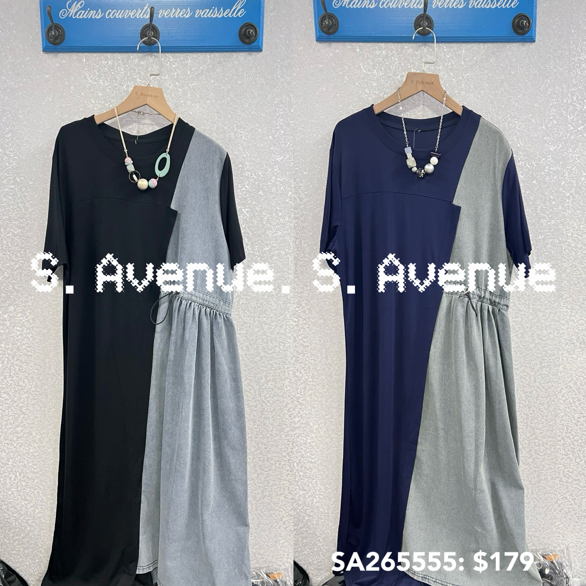 SA265555: 短袖側拼牛仔束腰顯瘦op