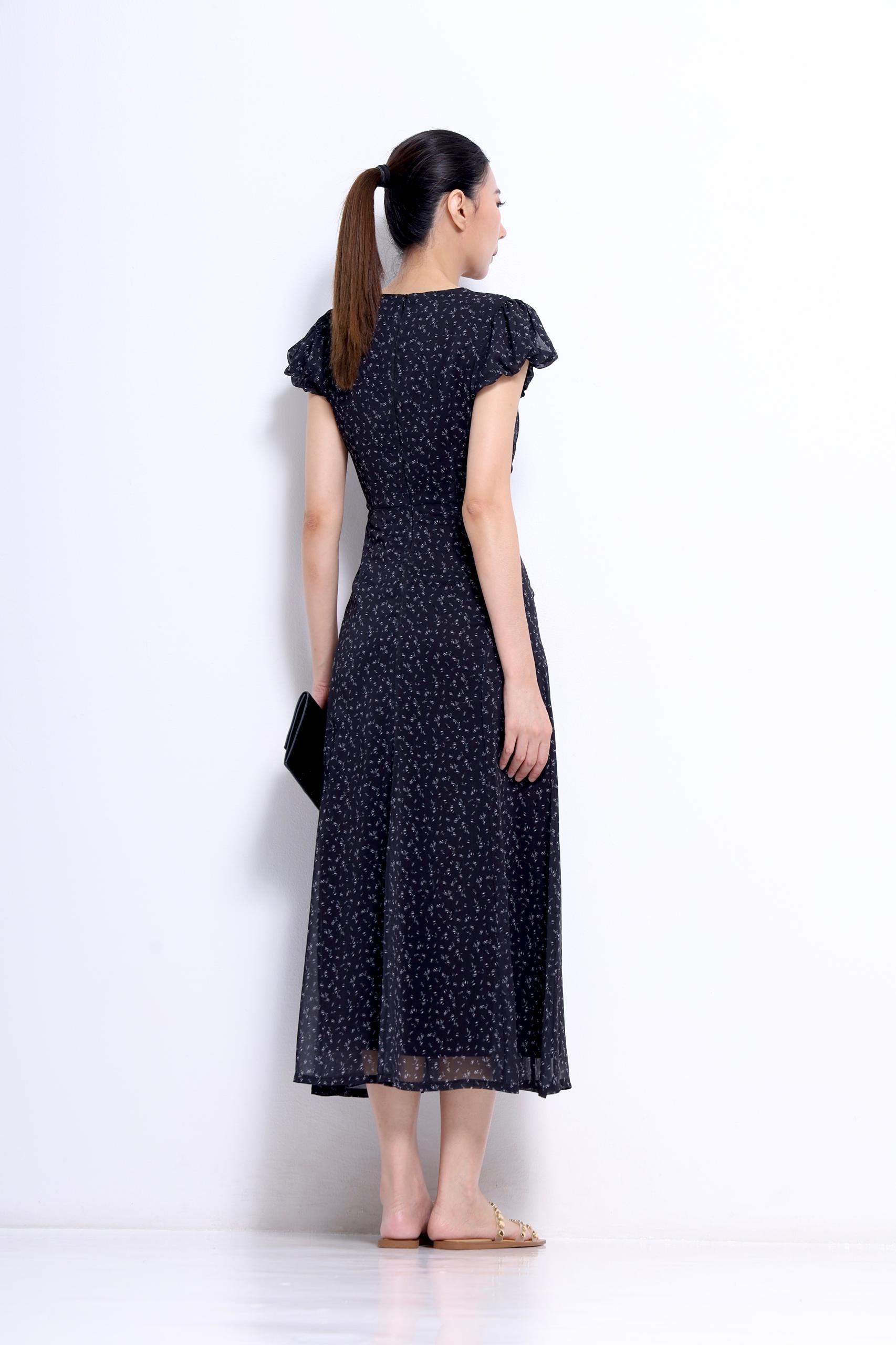 CD2147 FLORAL FLUTTER SLLV ROUNDNECK DRESS