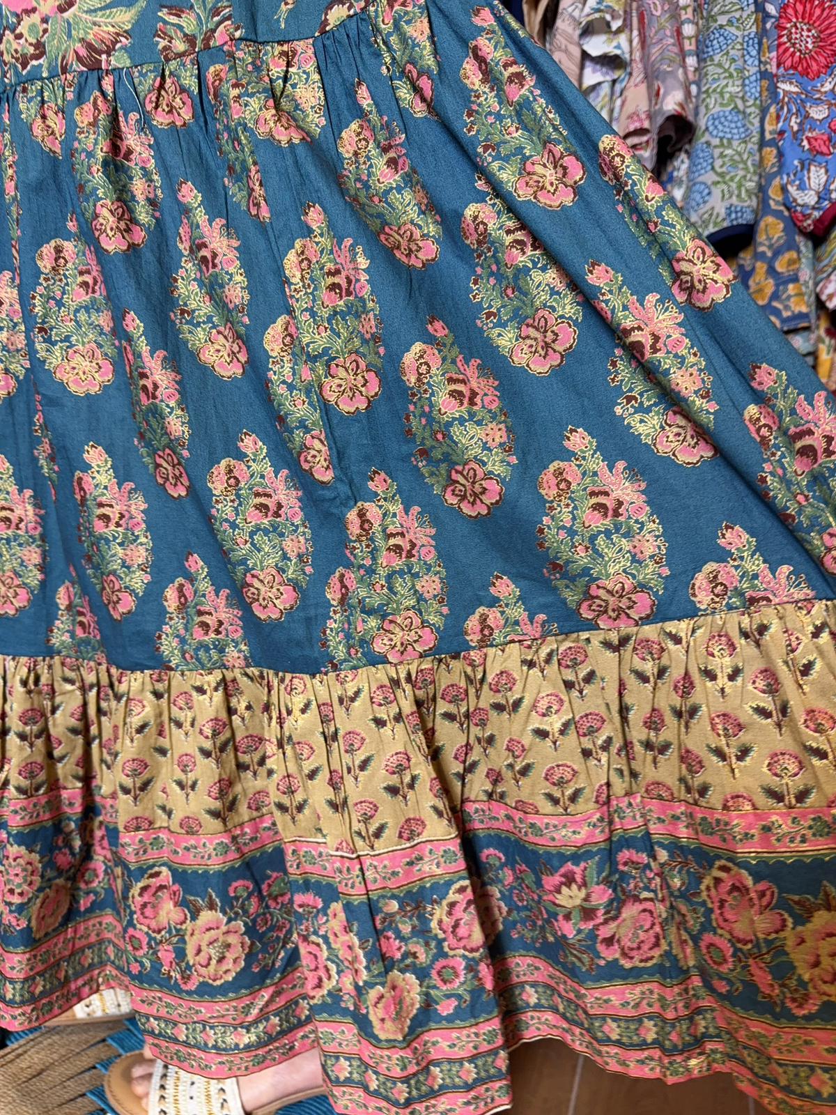 #1528 Blue Golden Floral Milktea Edge Sleeveless OP