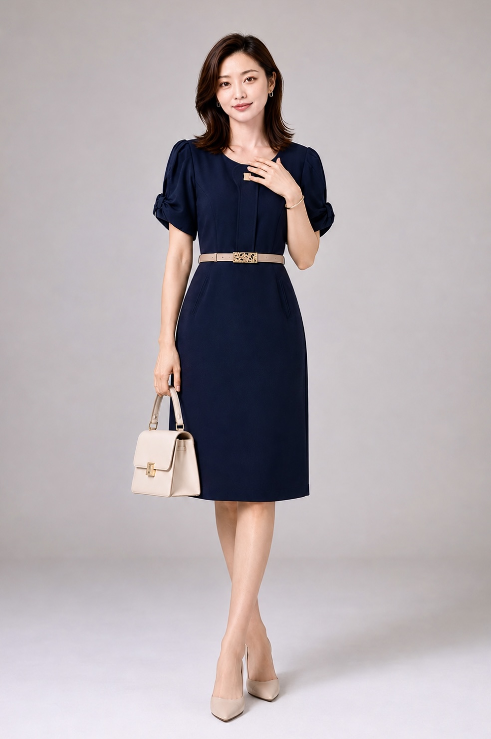 31170 Elara Belted Puff Sleeve Midi Dress