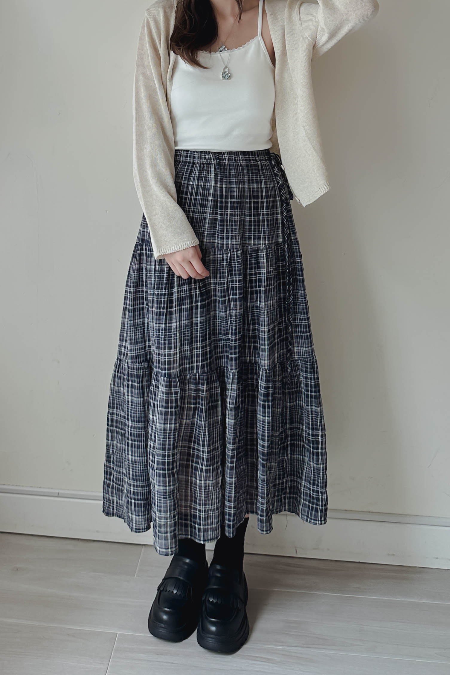 格紋細褶側綁蛋糕裙 (兩色入)