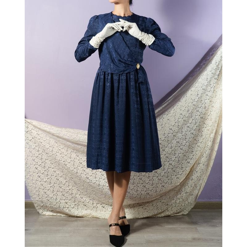 Vintage Japanese "Tokyo Soir" Elegant Rose Pattern Faux Twin Evening Dress with Pearl Accent and Scallop Edge(MT1840-44)