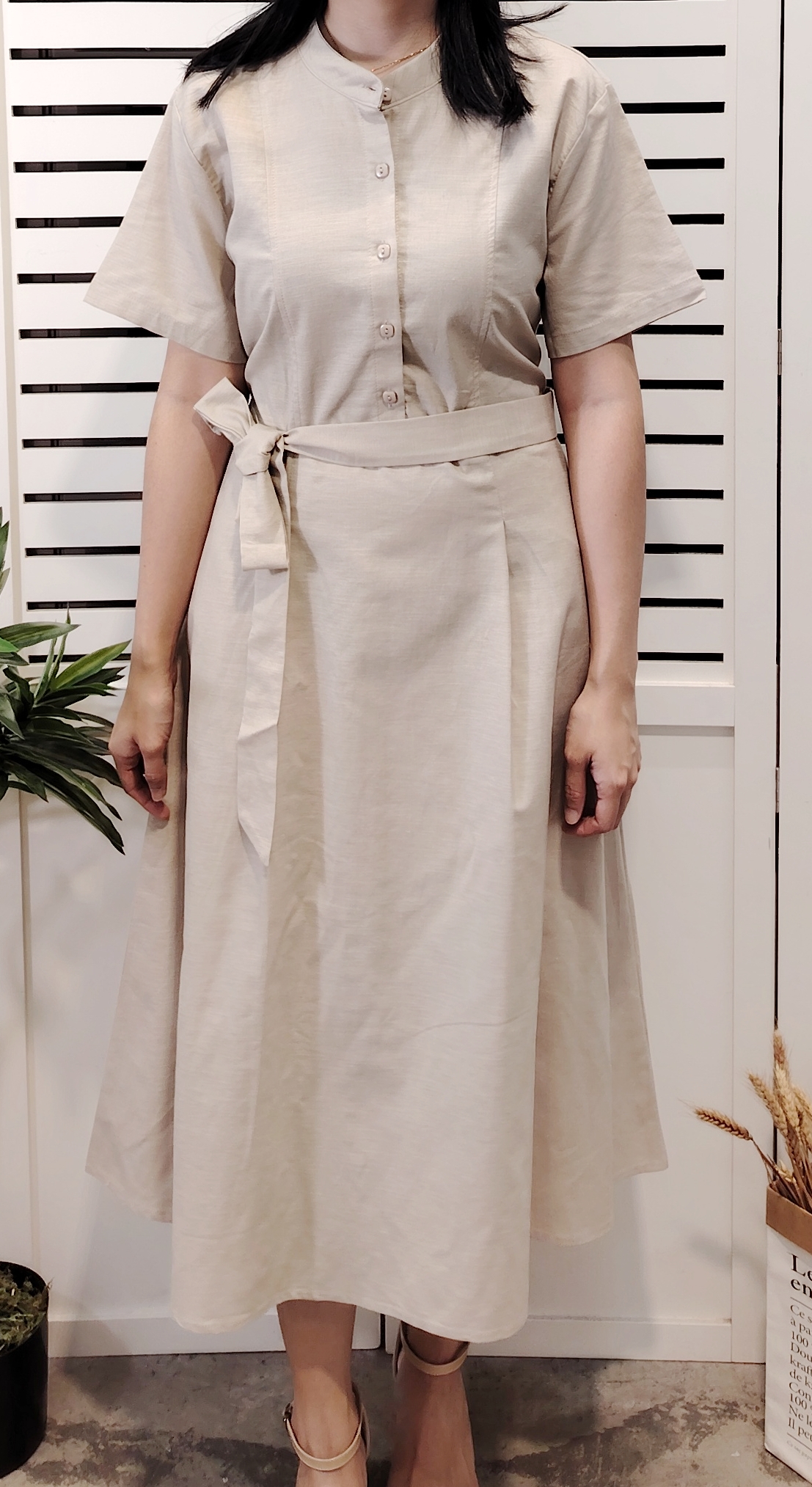 H5423 Cotton Linen Dress Half Button 