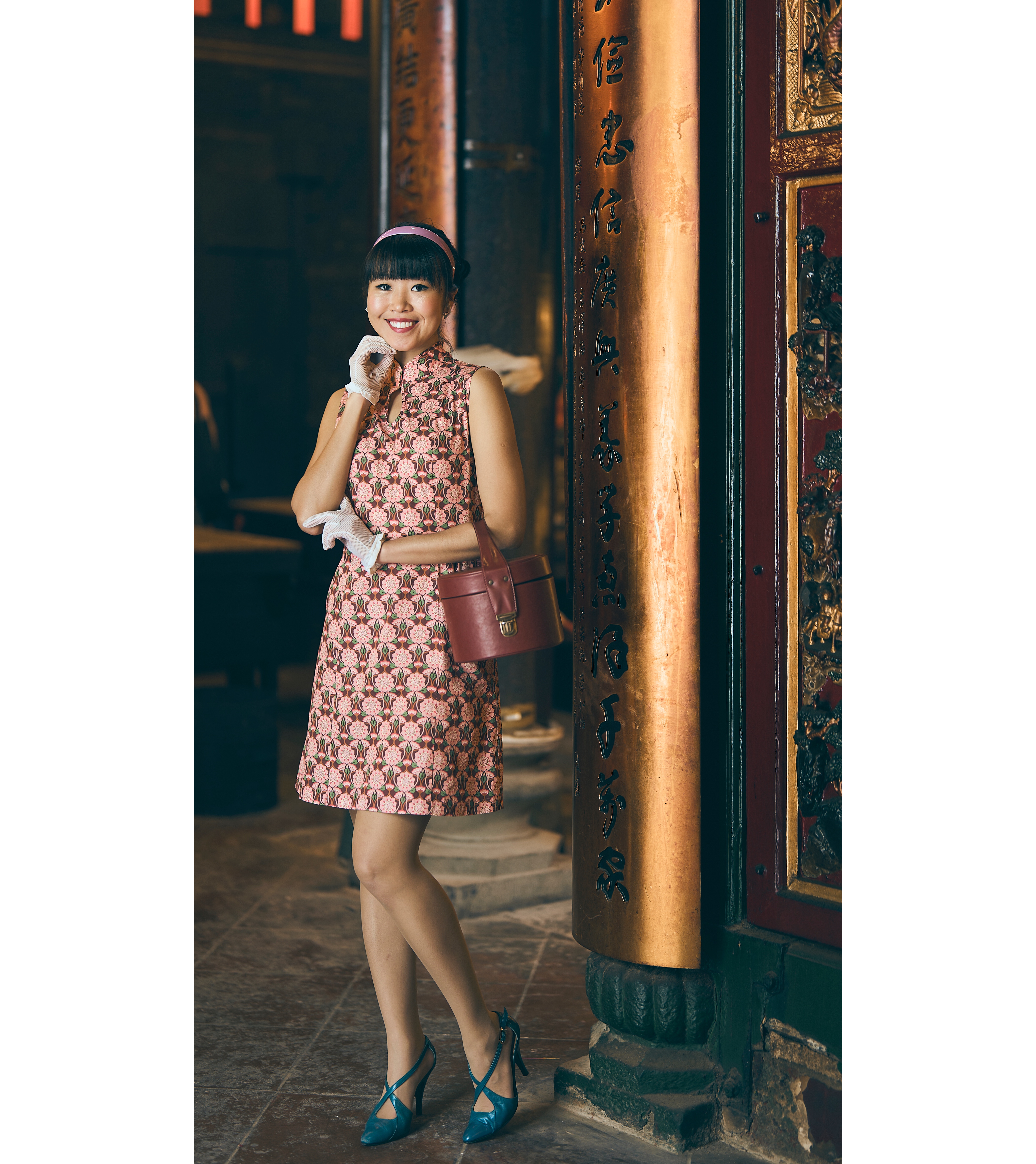 (Custom-Made)100% Organic Cotton 60s Style Floral Pattern Mandarin Collar Shift Dress(FM166)
