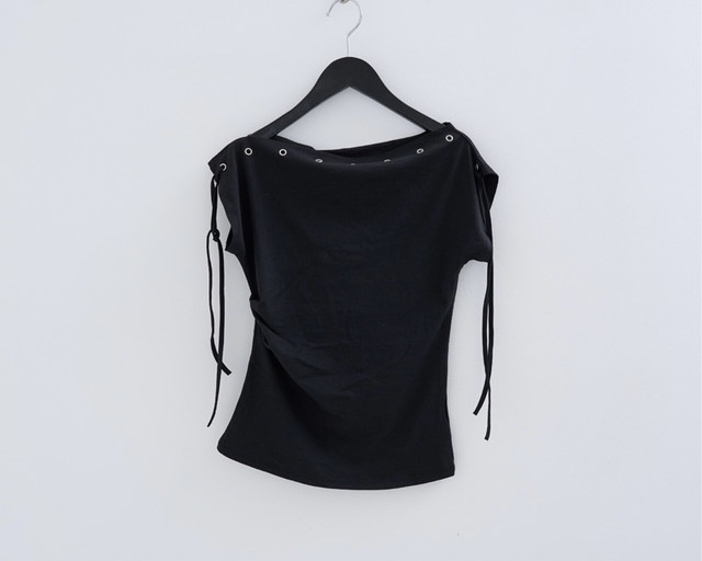 Asymmetric Eyelet Lace-Up Off-Shoulder Top