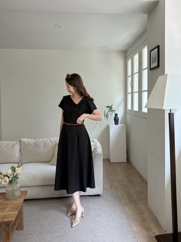 Sailor Collar Belted Dress (Black)