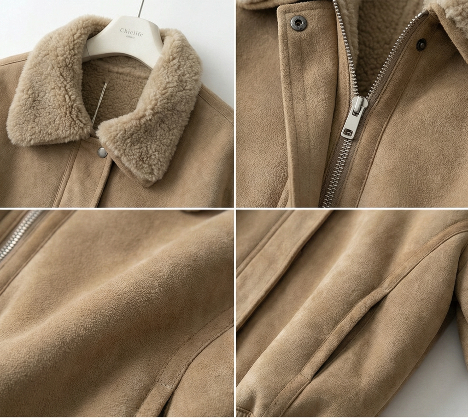 卡其色麂皮毛領短版飛行夾克