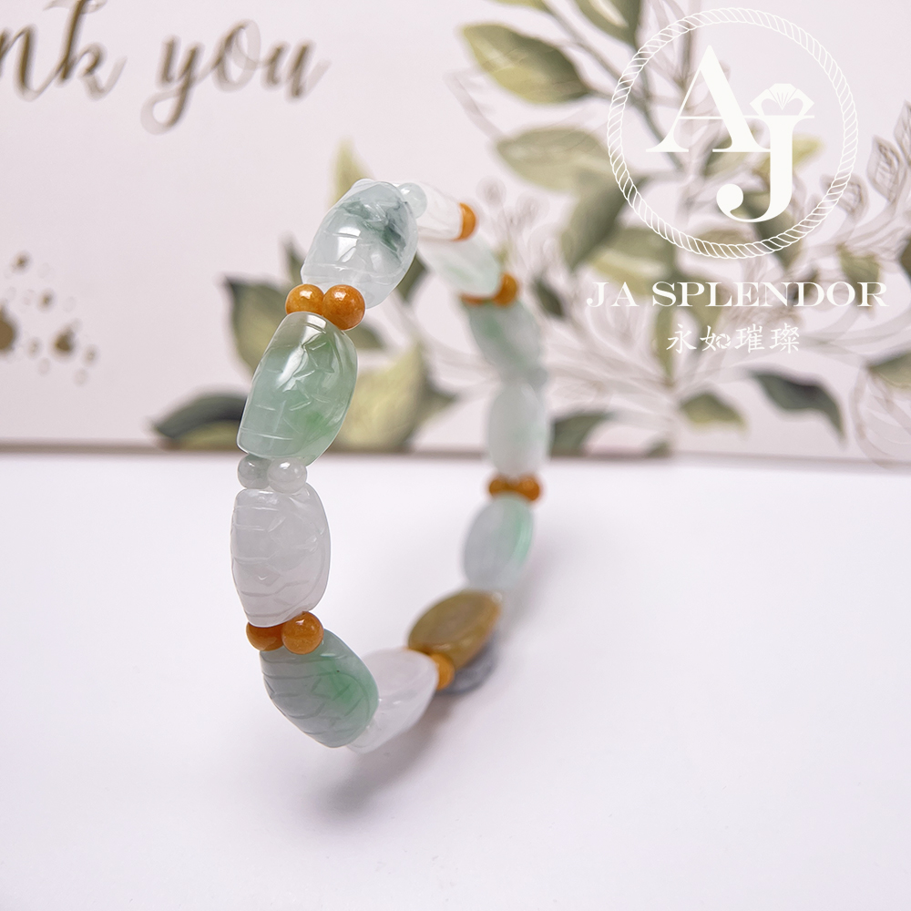 OF-06-J 天然翡翠A玉 - 冰潤三彩長壽吉祥龜貝手串