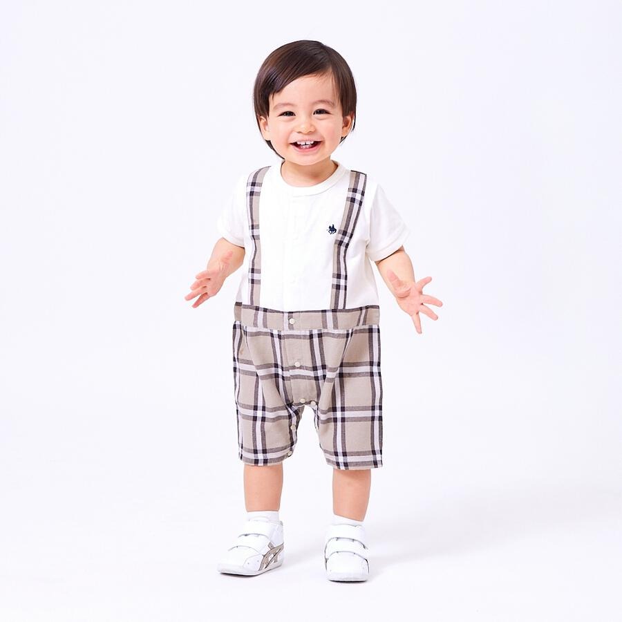 Polo Baby 格仔拼色吊帶短袖連身衣 70/80cm