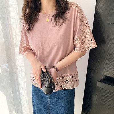預訂 日系圓領女裝鏤空通花五分袖上衣