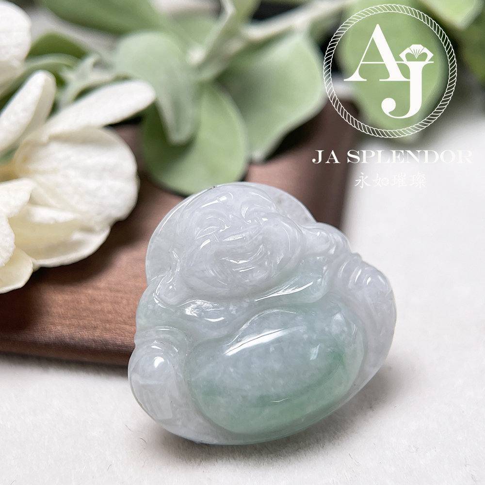 JN-10317 天然翡翠A玉 冰糯白底青大肚笑佛吊墜