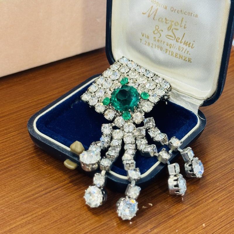C.a. 1960s Czechoslovakian Emerald Green Rhinestone Sparkling Statement Tassel Brooch(B106)