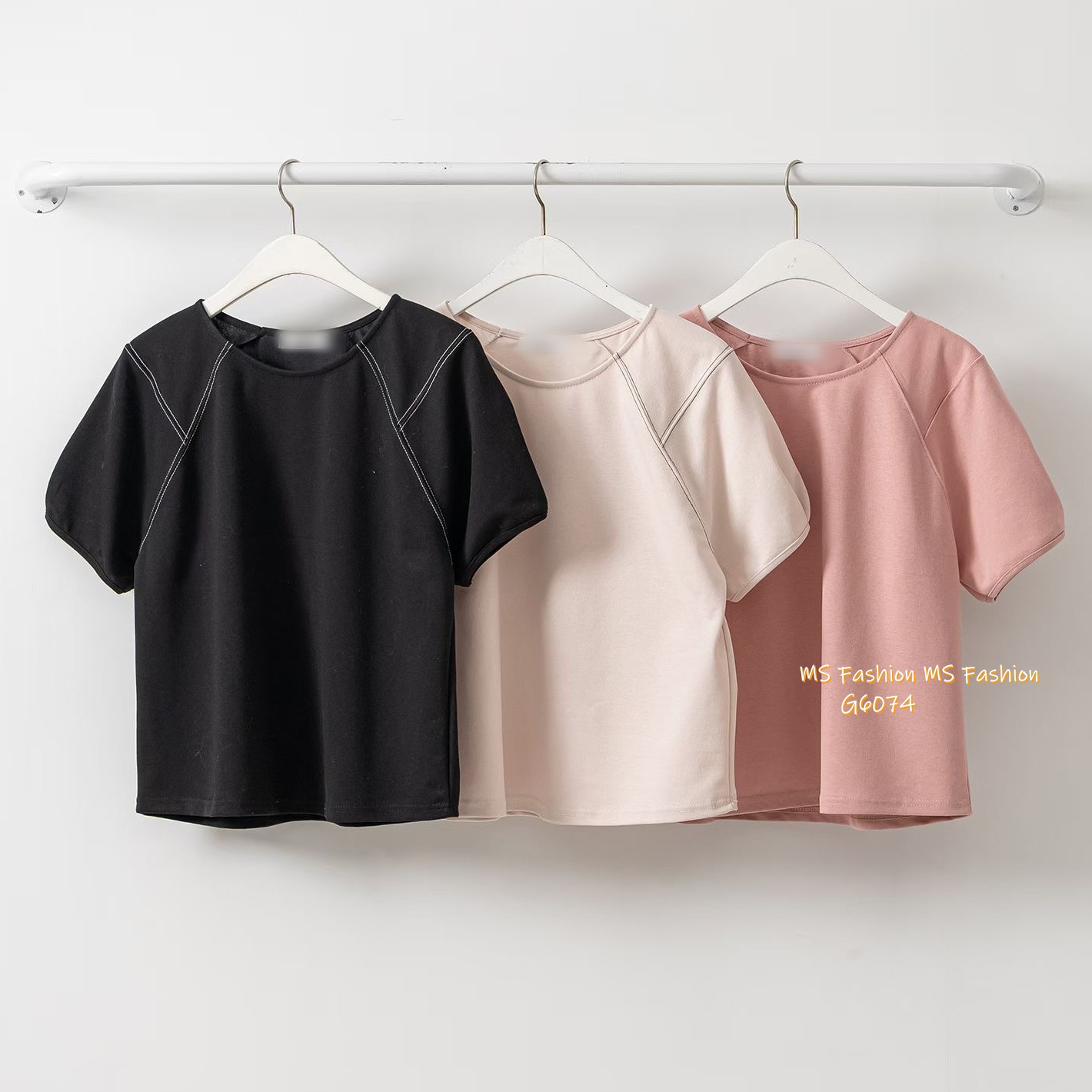 G6074 韓國🇰🇷淨色圓領摺袖top