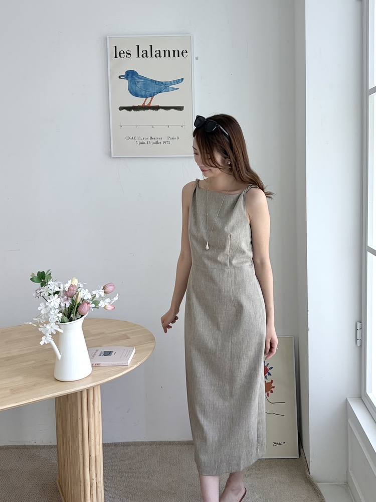Linen Blend Twisted Strap Dress (Mocha)