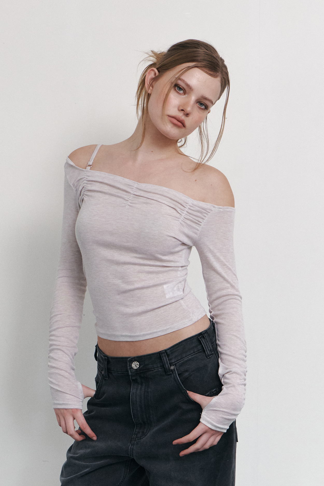 pleaseNOFOLLOW - Halo Unbal Shirring Long Sleeve Top (Dusty Pink)