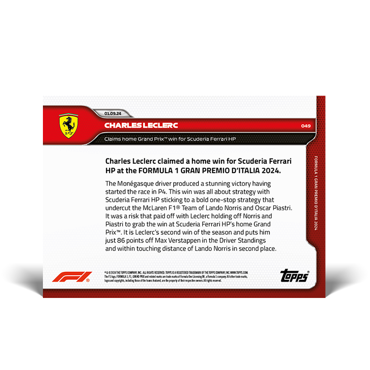 Charles Leclerc - 2024 F1 Topps NOW® #49 Italian GP Ferrari主場贏車卡｜PR 3,888