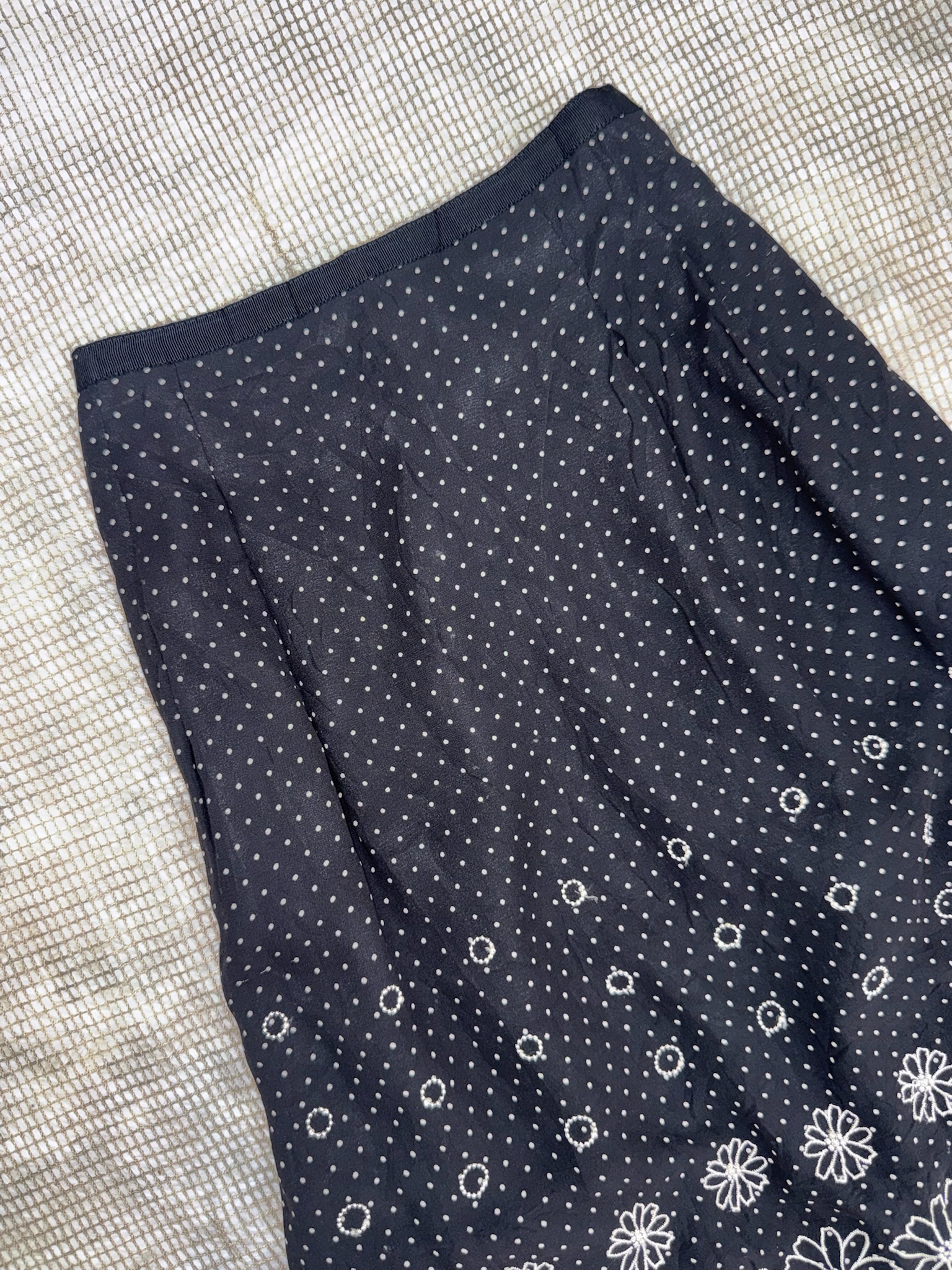 Black Polka Dot Skirt with Embroidered Daisy Border and Scalloped Hem