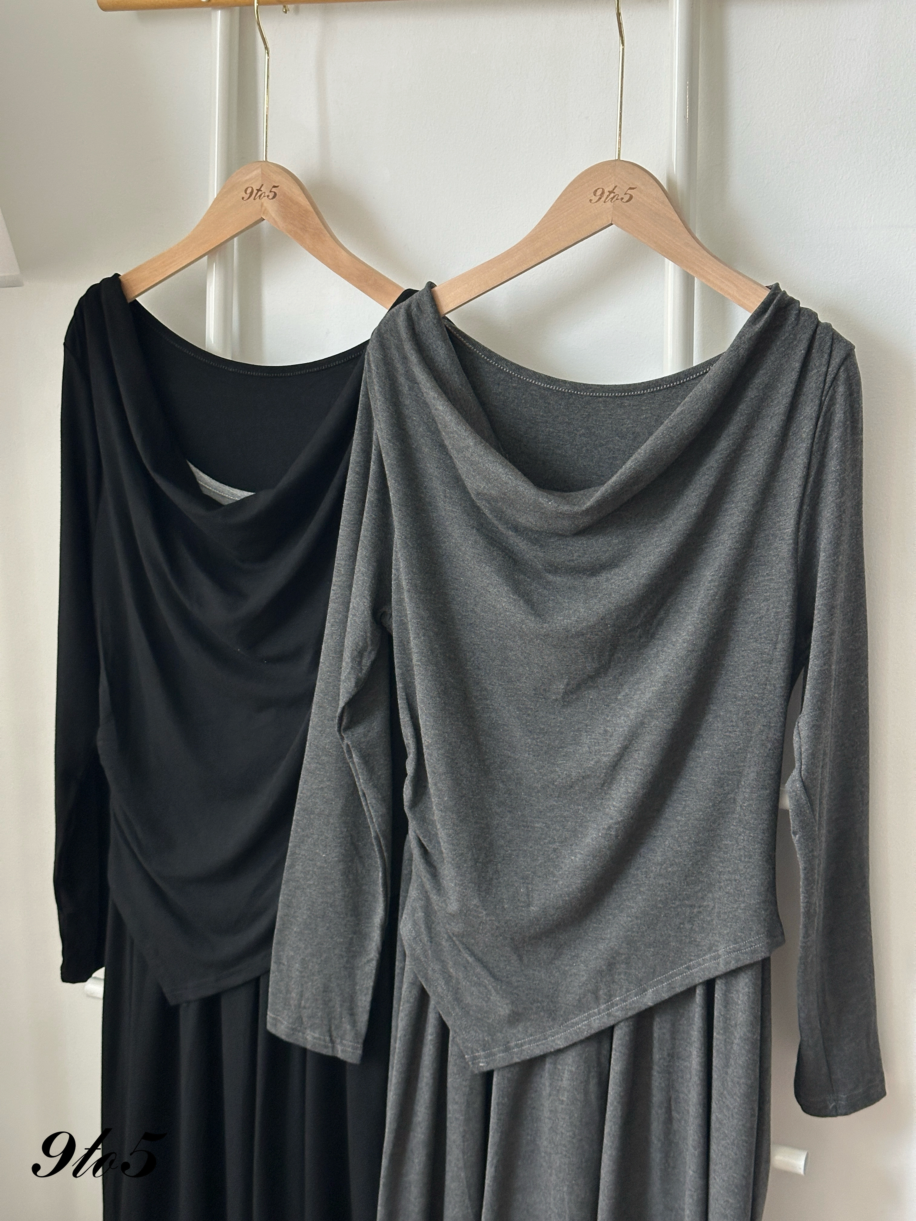 D2370 Fake Two-Pieces Off-Shoulder Dress - Black & Grey