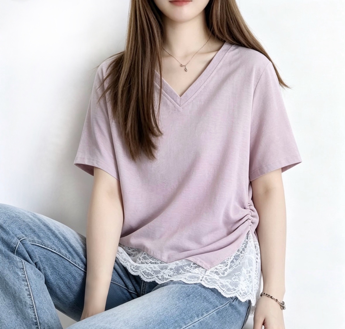 ☀️夏日優惠☀️ 假兩件柔粉拼接Lace Top