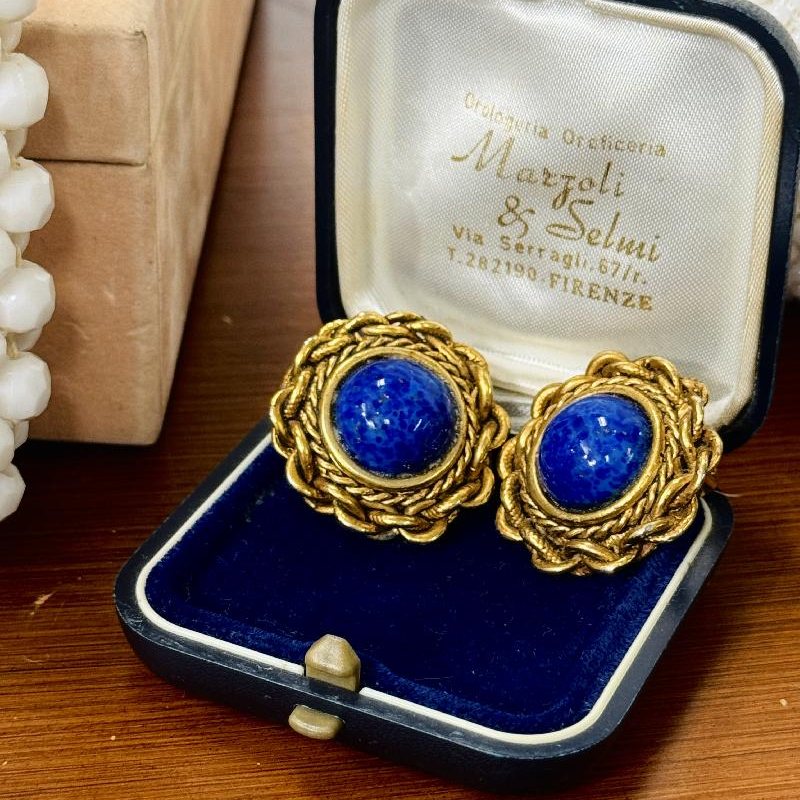 Vintage Lapis Blue Glass Stone Clip Earrings from Germany (NZ015-4)