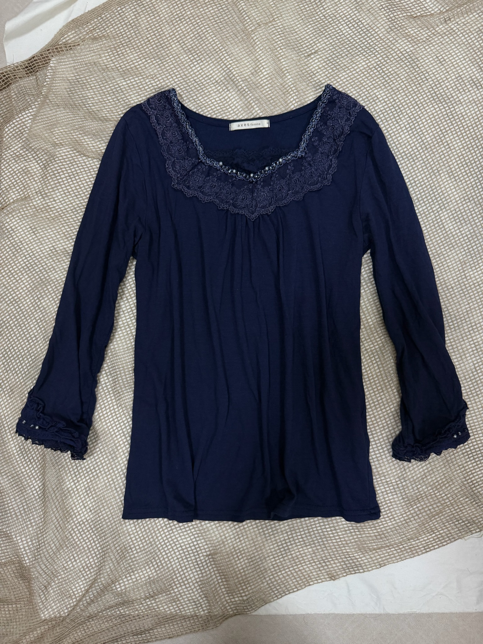 Dark Navy Lace-Trim Scoop Neck Top with Pearl Accents