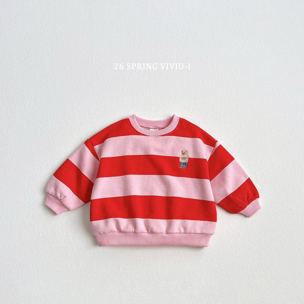 🌸預訂 韓國直送🌸🇰🇷VIVIDI四色標誌性小熊刺繡拼色條紋毛圈寬鬆衛衣