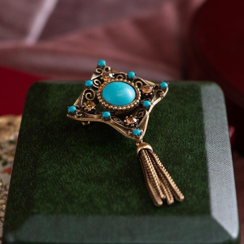 C.a. 1950-60s Victorian Revival Turquoise Paste Cabochon Tassel Brooch(EA1863)